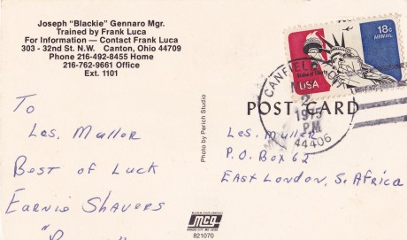 ERNIE SHAVERS POST CARD SIGNED