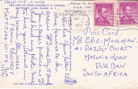 FRANKIE CONIFER LETTER WRITTEN ON A POST CARD POSTED IN 1952
