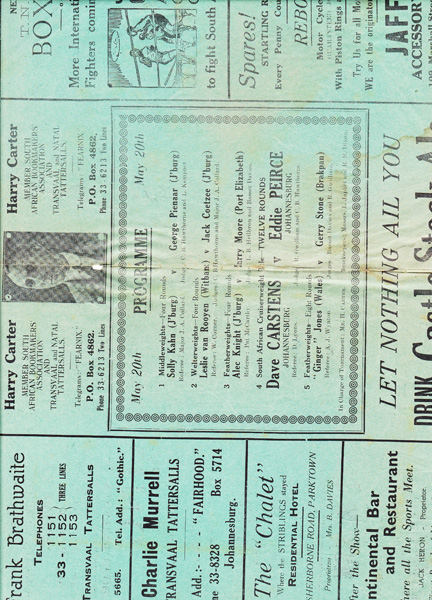 DAVE CARSTENS VS EDDIE PEIRCE 20-5-1933 CARD
