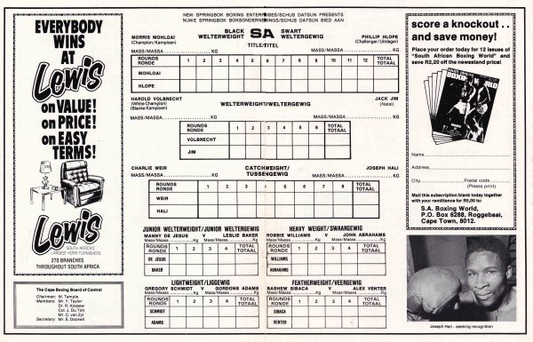 Charlie Weir vs Joseph Hali score card - African Ring