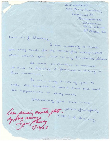 Jack Sharkey letter from C. Lessing