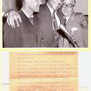 Randy Turpin with trainer Frank Alger (L) and manager George Middleton (R) front and back - African Ring