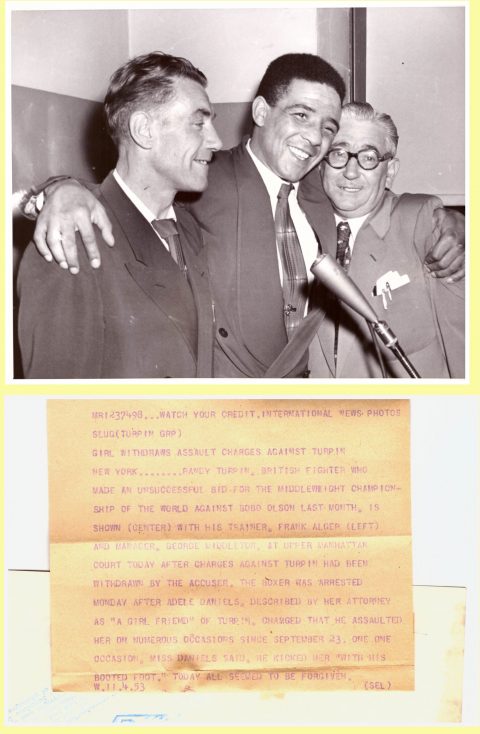 Randy Turpin with trainer Frank Alger (L) and manager George Middleton (R) front and back - African Ring