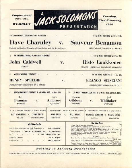 Henry Speedie vs Franco Scisciani 1960 Dave Charnley v Sauveur Benamou bouycard